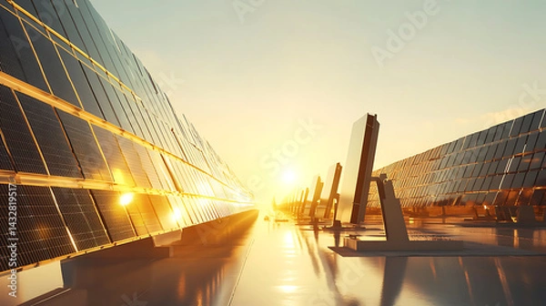 Fototapeta A solar energy research station in the desert, massive solar panel arrays reflecting sunlight, engineers monitoring data on tablets