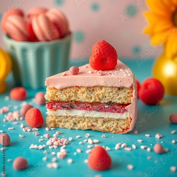 Fototapeta close up shot of slice of cake with berries, presented in a vibrant and colorful setting, side profile view