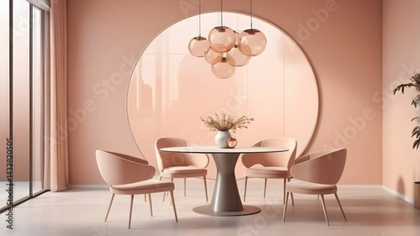 Fototapeta Minimalist dining area with modern round table and beige chairs in peach room, separated by textured glass panel. 3D Rendering

