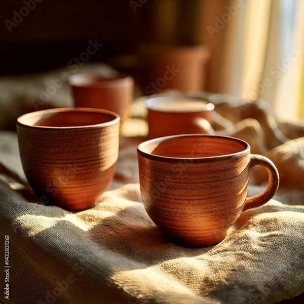 Fototapeta close-up of handmade pottery cups placed on linen in soft natural light- 