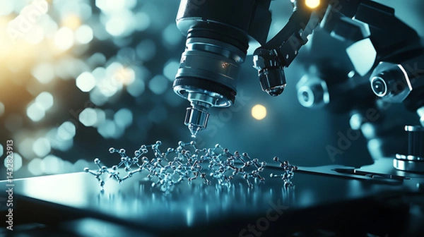Obraz An AI powered robotic arm creating complex nanostructures in a futuristic nano engineering lab, atomic-level precision under an electron microscope, Scientific style