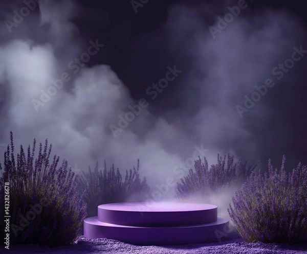 Fototapeta A purple podium surrounded by lavender plants, a misty atmosphere, and glowing light effects, creating an ethereal and dreamlike ambiance. 3D Style