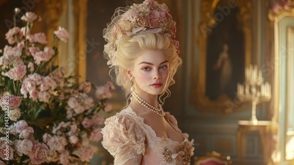 Fototapeta A medium shot of Marie Antoinette in a richly detailed 18th-century gown, AI Generative.