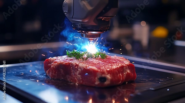 Fototapeta An industrial robotic arm welding titanium frames for next generation spacecraft in a high tech aerospace facility, sparks flying as metal fuses, Aerospace-tech style