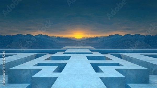 Obraz A surreal landscape at sunset, featuring a blue-hued sky, mountains, and a geometric blue structure.