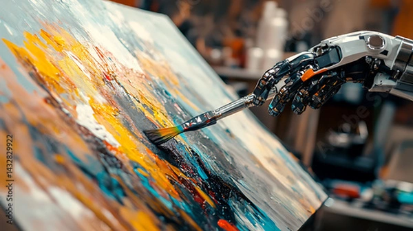 Fototapeta A robotic arm in a futuristic AI art studio, painting a masterpiece with digital precision, Creative-tech style