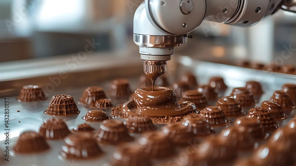 Fototapeta A robotic arm in a futuristic AI controlled chocolate sculpting workshop, crafting intricate edible designs, Culinary-tech style