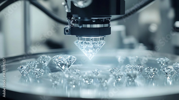 Fototapeta A robotic arm in a futuristic AI controlled diamond cutting facility, shaping and polishing high-quality gemstones, Luxury-tech style