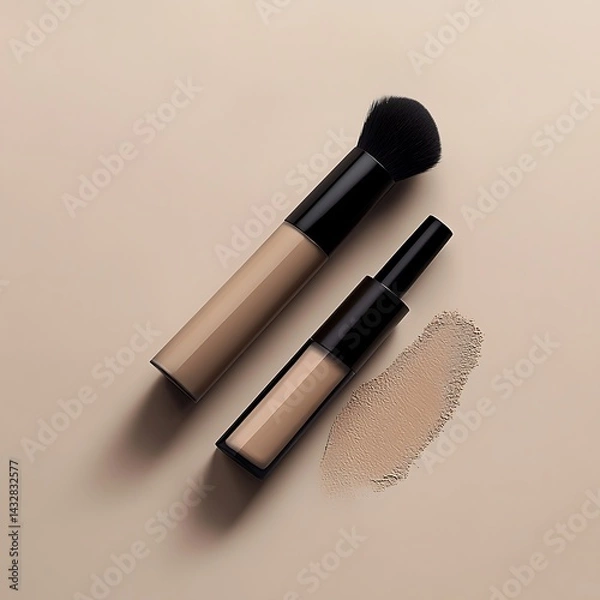 Fototapeta Cosmetic branding, mua and girly concept - Eyeshadow palette and make-up brush on beige background,