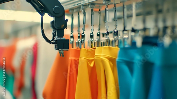 Fototapeta A robotic arm in a futuristic AI driven clothing factory, assembling smart textiles for fashion-forward wearables, Fashion-tech style
