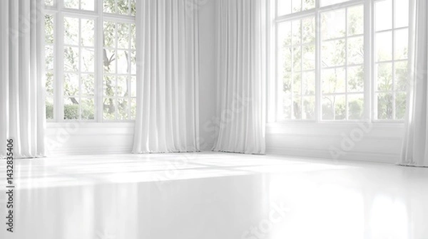 Fototapeta Bright White Room Interior with Sunlight Streaming Through Large Windows