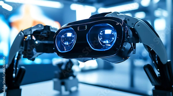 Obraz A robotic arm in a futuristic AI driven electronics lab, assembling advanced virtual reality headsets for immersive gaming, VR-tech style