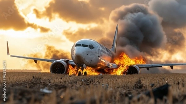 Obraz A passenger jet engulfed in flames sits on the ground, thick smoke billows around the burning aircraft, the scene illuminated by a fiery sunset.