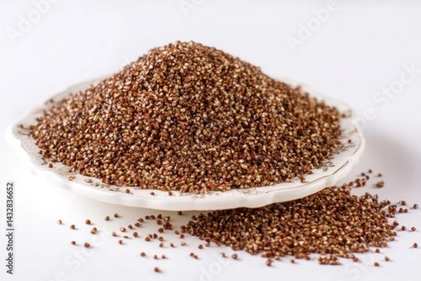 Fototapeta Buckwheat grains on a decorative plate against a clean white backdrop showcasing natural texture and color in a close up shot for healthy eating and culinary use