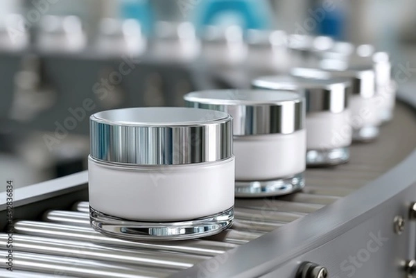 Obraz White cosmetic jars with silver lids on a conveyor belt, cosmetic product manufacturing process in a factory.