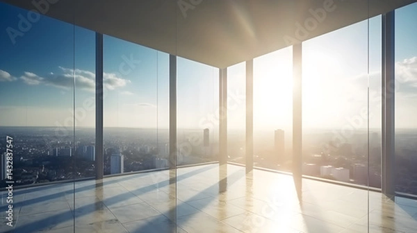 Fototapeta A spacious, modern office with a large window overlooking a city skyline.