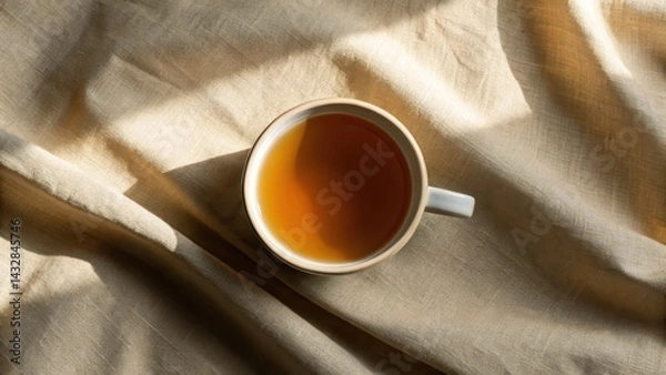 Fototapeta A top-down view of a cup filled with tea, set on a textured golden fabric, creating a warm, inviting atmosphere.