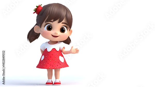 Obraz A cartoon girl in a red dress with a strawberry on her head. Generated using AI.