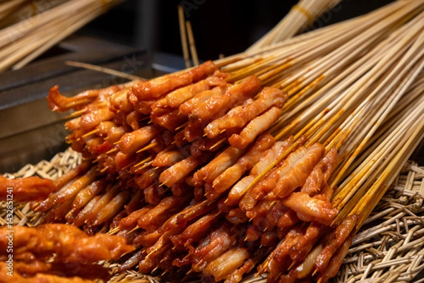 Fototapeta Chinese style marinated meat  skewers on the street.