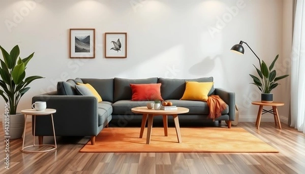Fototapeta Cozy corner sofa with side table, living room setting, ottoman, homely