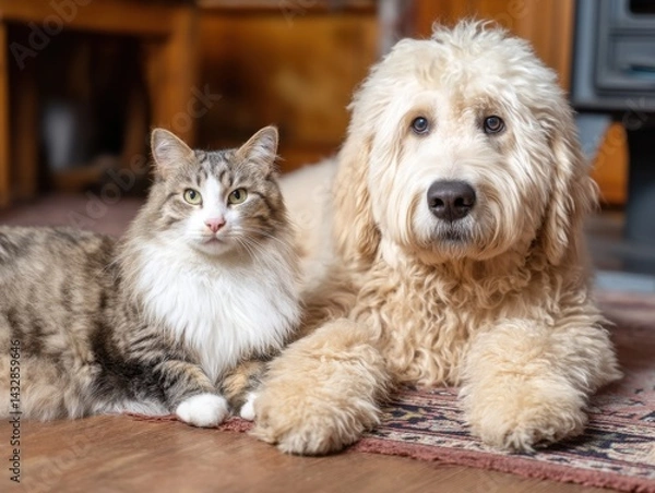 Fototapeta Charming portrait capturing a fluffy goldendoodle and a tabby cat lying together on a rug indoors showcasing friendship and warmth in a cozy home environment