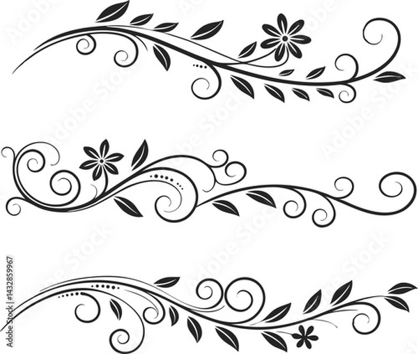 Obraz Elegant Floral Divider and Swirl Ornament Line Design Set. Decorative Line Flourishes and Vintage Calligraphic Elements. Black Floral Divider and Filigree Ornament Line Art Collection