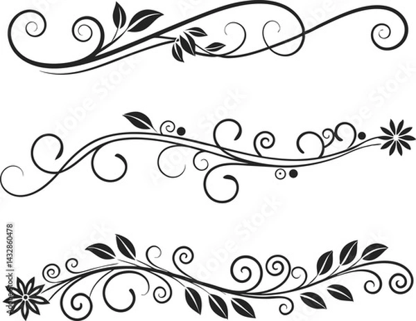 Obraz Elegant Floral Divider and Swirl Ornament Line Design Set. Decorative Line Flourishes and Vintage Calligraphic Elements. Black Floral Divider and Filigree Ornament Line Art Collection