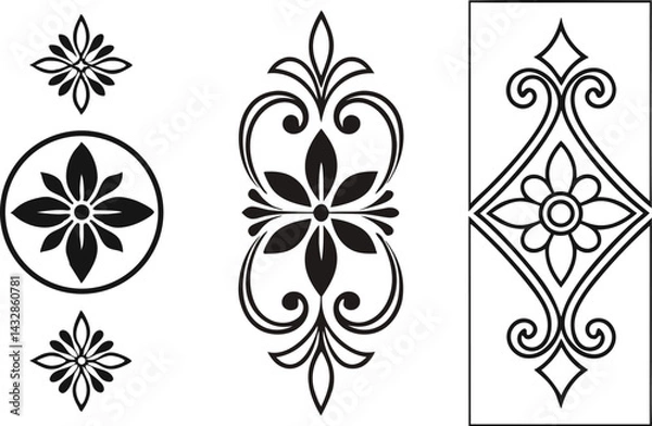 Obraz Elegant Floral Divider and Swirl Ornament Line Design Set. Decorative Line Flourishes and Vintage Calligraphic Elements. Black Floral Divider and Filigree Ornament Line Art Collection