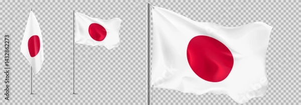 Obraz Set of realistic flags of Japan. Flags of Japan isolated on checkered background. 3d templates of flags for decoration Japanese events, holidays. Vector illustration.