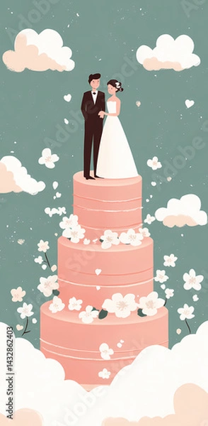 Fototapeta Couple on top of wedding cake surrounded by flowers and clouds Generative AI