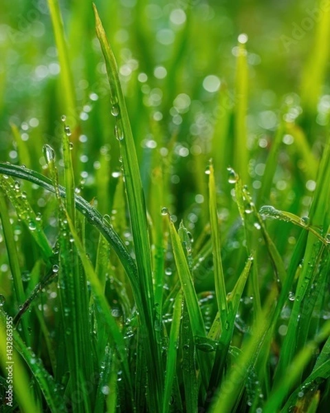 Obraz Fresh green grass blades adorned with glistening water droplets creating a serene natural scene capturing the essence of spring and renewal in a vibrant close up shot