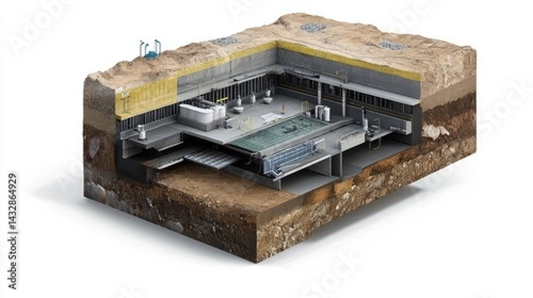 Fototapeta Cross-section of foundation waterproofing layers and drain tile installation