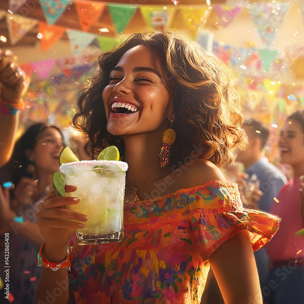 Fototapeta Colorful celebration with joyful woman enjoying a refreshing drink Generative AI