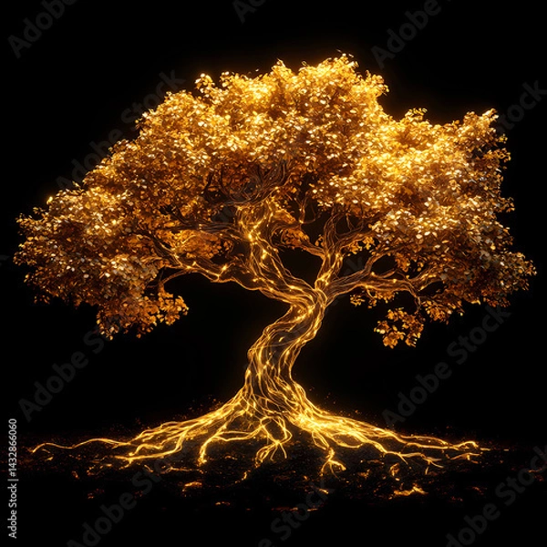 Fototapeta Golden tree with luminous roots illuminated in dark background Generative AI