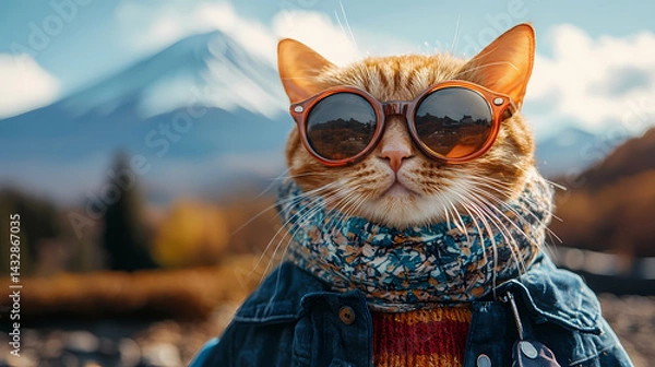 Fototapeta Cat wearing sunglasses and scarf poses with a mountain backdrop Generative AI