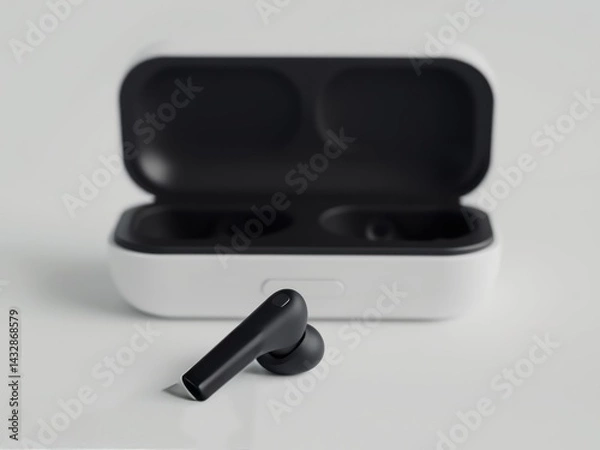 Fototapeta Wireless earbud with charging case on a sleek surface in bright natural lighting