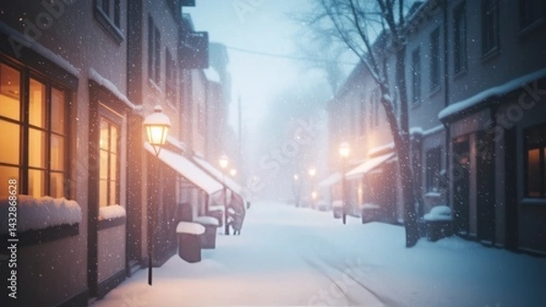 Fototapeta Serene Winter Street in Snowy Town with Lanterns and Soft Glow from Cozy Windows