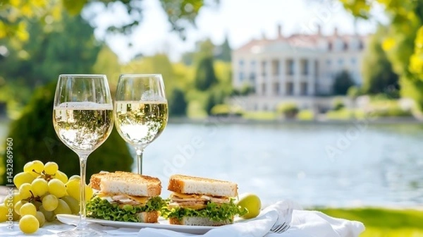 Fototapeta Rustic Picnic by the Lake: Sandwiches, Grapes, and White Wine