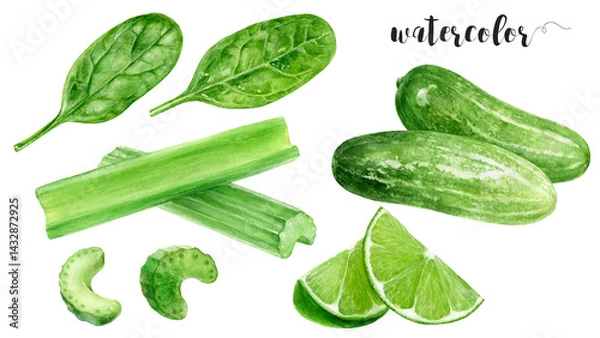Fototapeta Watercolor Realistic Cucumber, Lime, Spinach Leaves and Celery Sticks Illustration, Fresh Greens and Vegetables Collection
