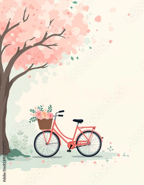 Obraz Spring illustration in vintage style with a pink bicycle under a blooming cherry blossom tree. Illustration for postcard design, for nature related themes. Generated by AI