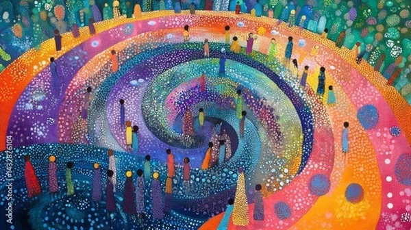 Fototapeta Colorful abstract painting shows people in a spiral pattern.