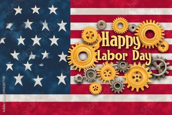 Obraz Inscription "Happy Labor Day" on American flag background with gears and nuts