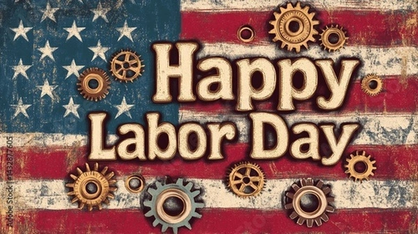 Obraz Inscription "Happy Labor Day" on American flag background with gears and nuts
