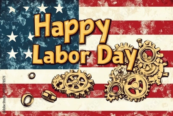 Obraz Inscription "Happy Labor Day" on American flag background with gears and nuts