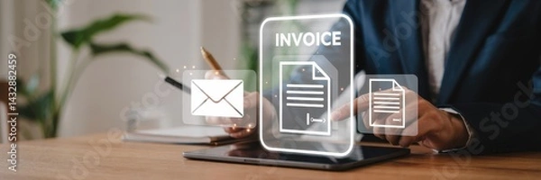 Fototapeta Digital invoice processing on a tablet device.
