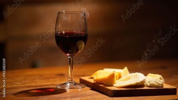 Fototapeta Red wine and cheese on rustic wood table