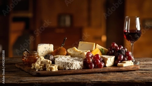Fototapeta Cheese platter with red wine and fruits on rustic table