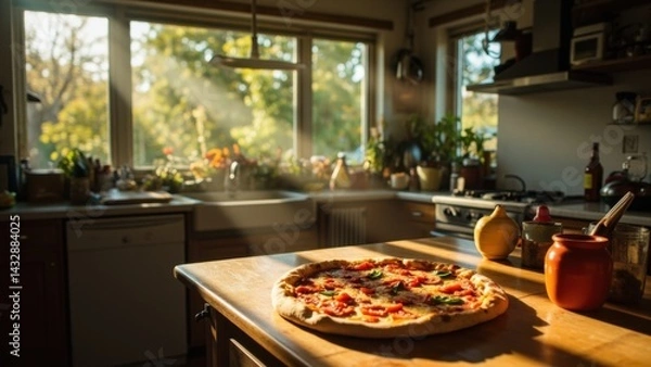 Fototapeta Pizza with tomato and basil on kitchen counter