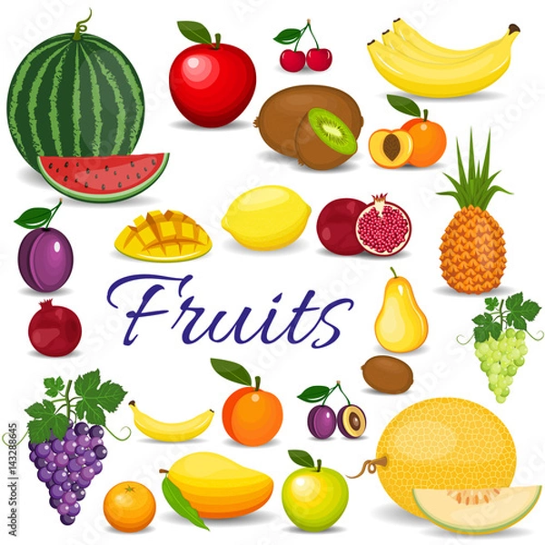 Fototapeta Set of colorful cartoon fruit. Set of fresh healthy fruits.