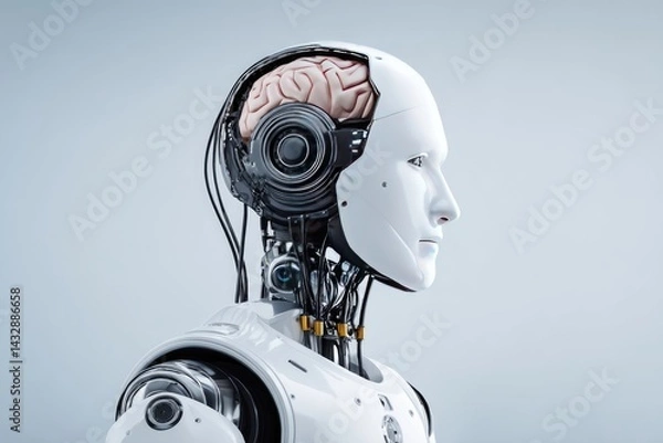 Fototapeta Profile view of a sophisticated robotic head with exposed internal components.